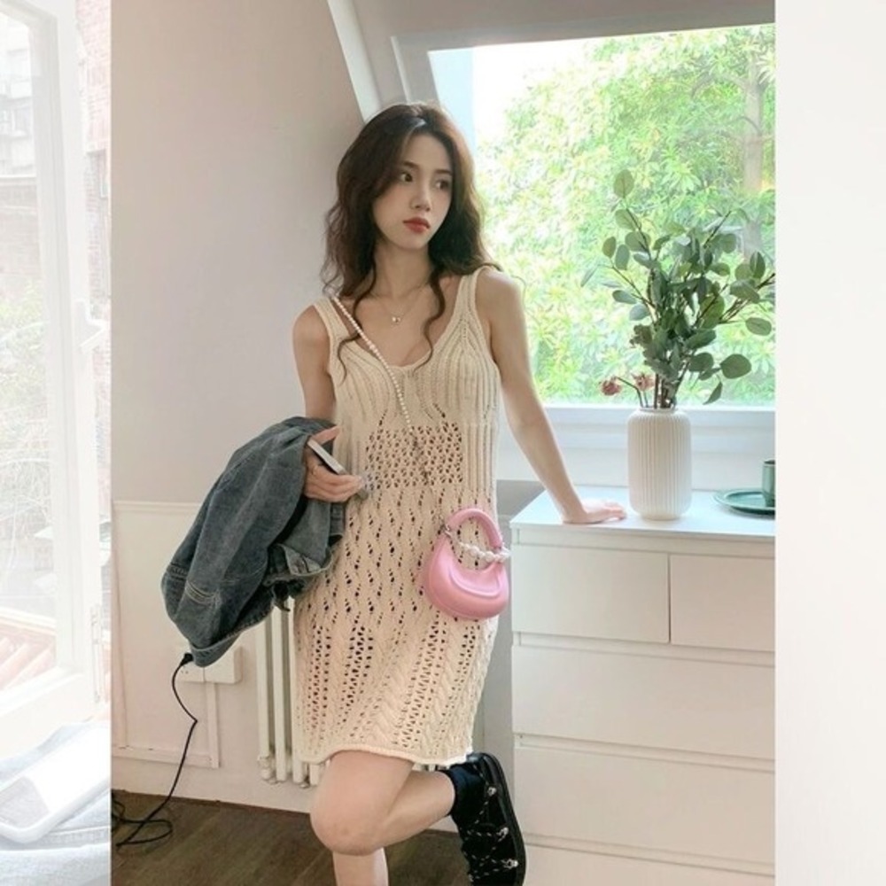 Women's XS Hollow Out Knit Sundress,‎ Elegant Summer Streetwear Mini Dress Beige